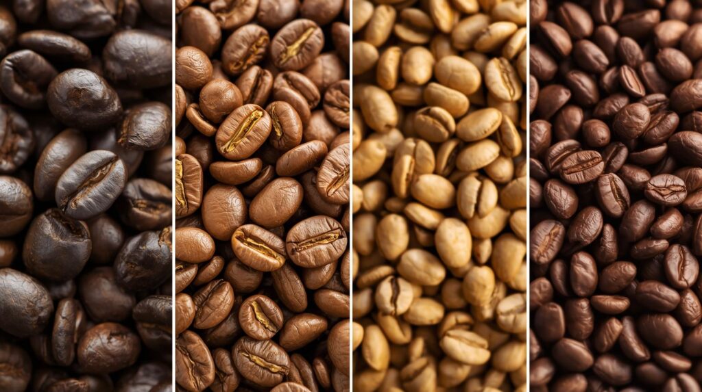 give me 4 images showing the staging of coffee bean and colors give me 4 images showing the staging of coffee bean and colors